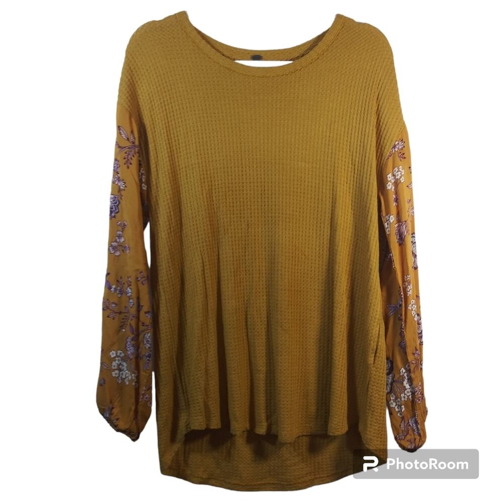 Cupio Yellow Waffle Knit Mixed Media Boho Thermal Top Size L